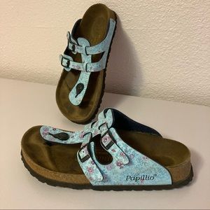Blue and Pink Floral Papillio Birkenstock T Sandals double adjustable straps 38